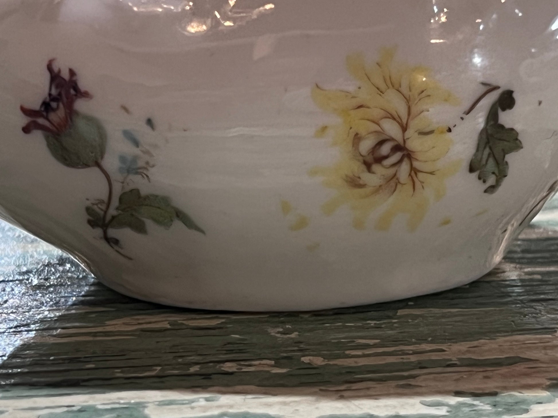 Antique Baby Invalid Feeder Cup Yellow Blue Green Florals Porcelain