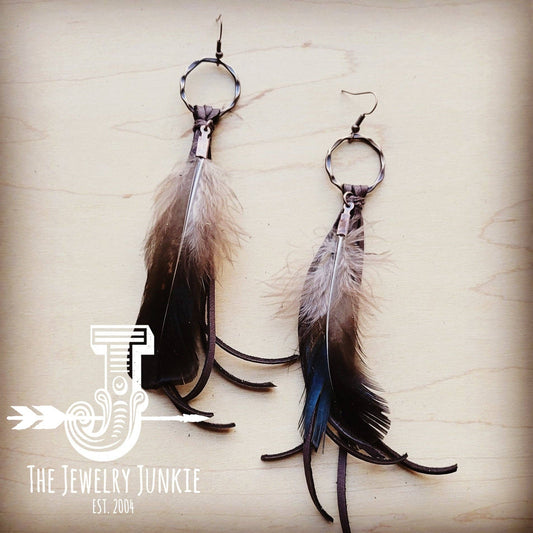Brown Deer Skin Leather Tassel Earrings with Black Feather: Multi