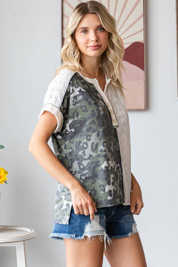 Camo Animal Lace Contrast Button Front Short Sleeve Top