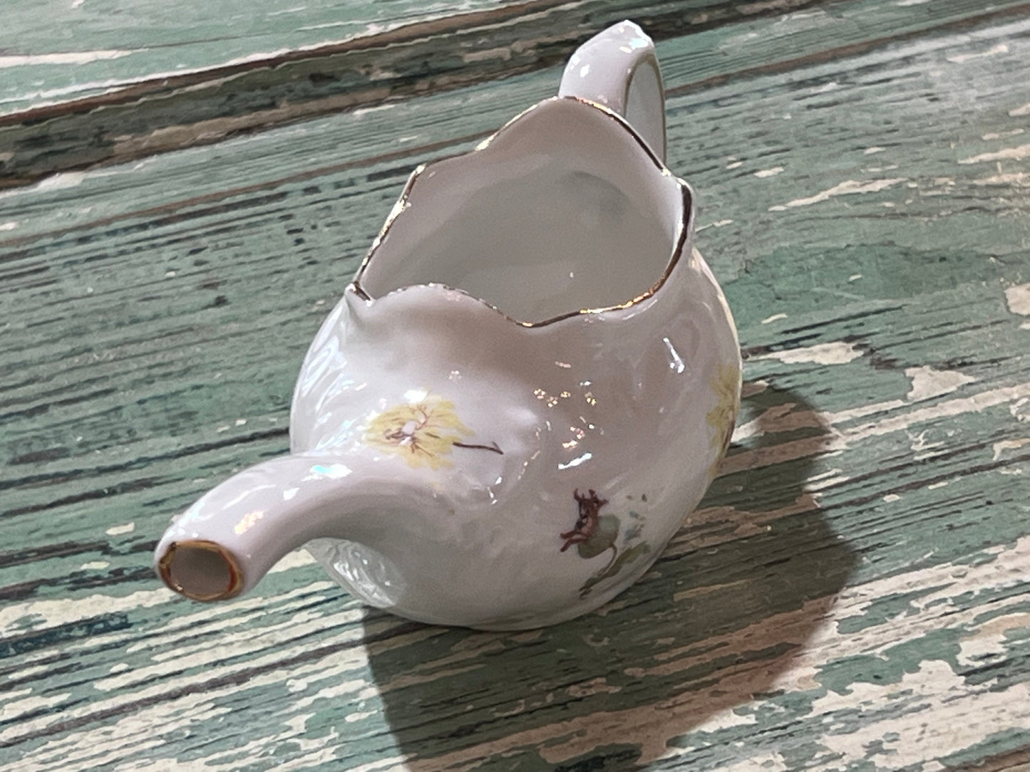 Antique Baby Invalid Feeder Cup Yellow Blue Green Florals Porcelain