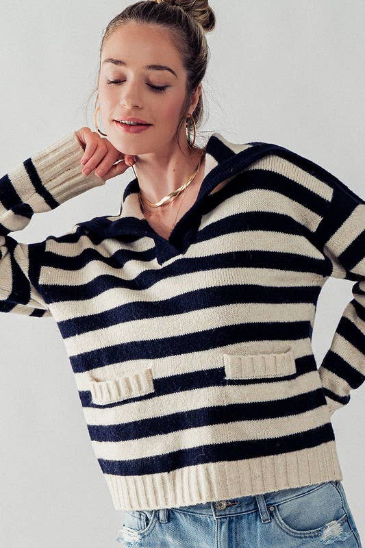 Madison Sailor Collar Stripe Knit Sweater: Navy