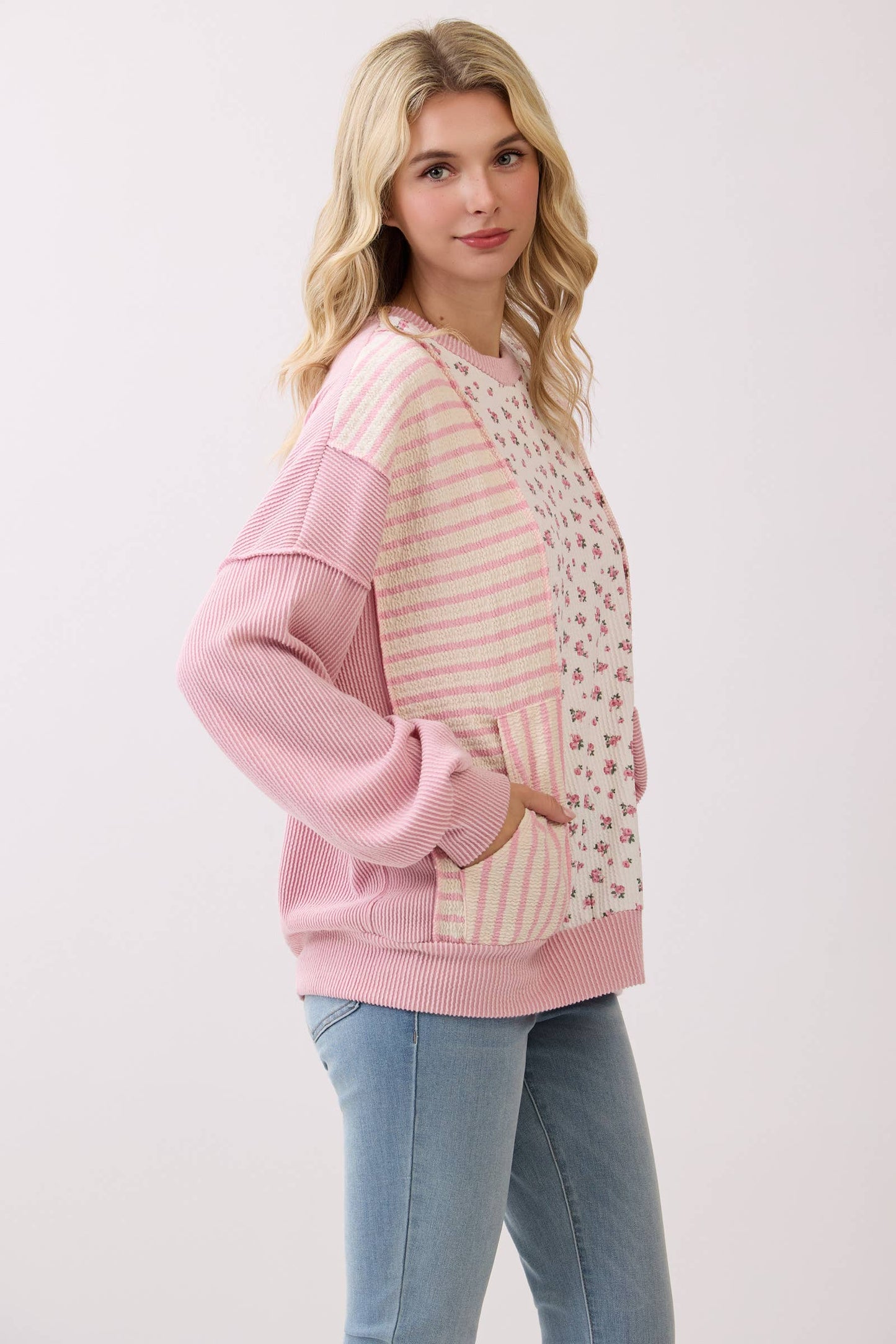 Fondant Pink Floral Rib Patchwork Pullover Top