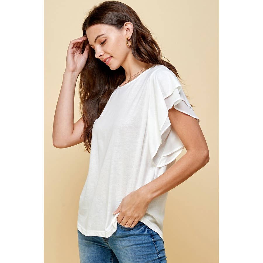 White Solid Round Neck Double Ruffle Cap Sleeve Top