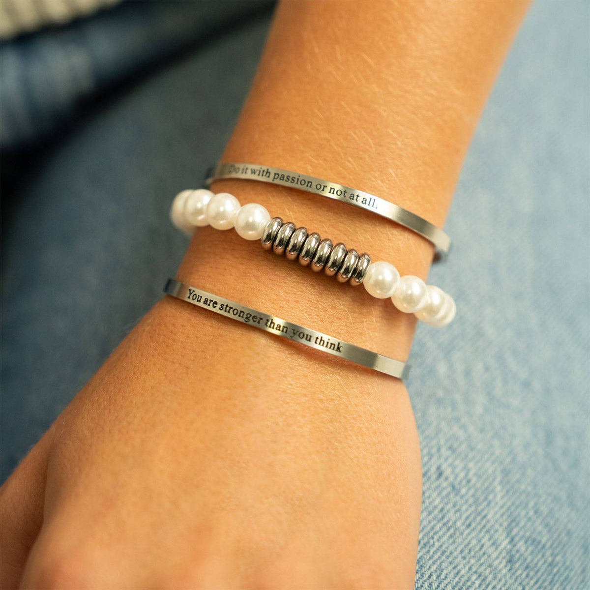 "You are stronger than you think" Engraved Bangle Bracelet: Stainless WJW