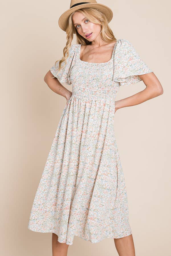 Floral Print Butterfly Sleeve Square Neck Smocked Midi Dress: CREAM
