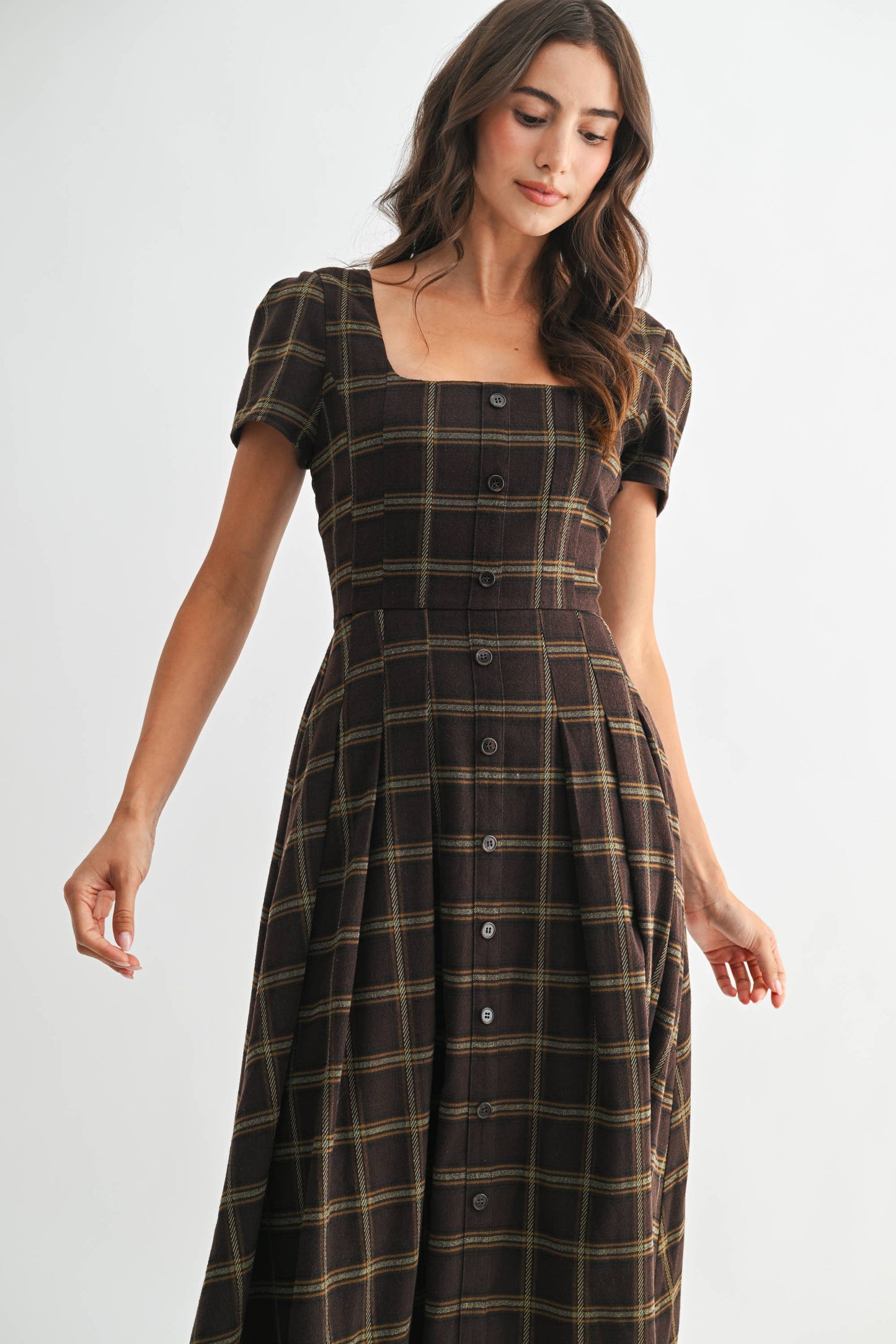 Plaid Button-Down Midi Dress: Brown