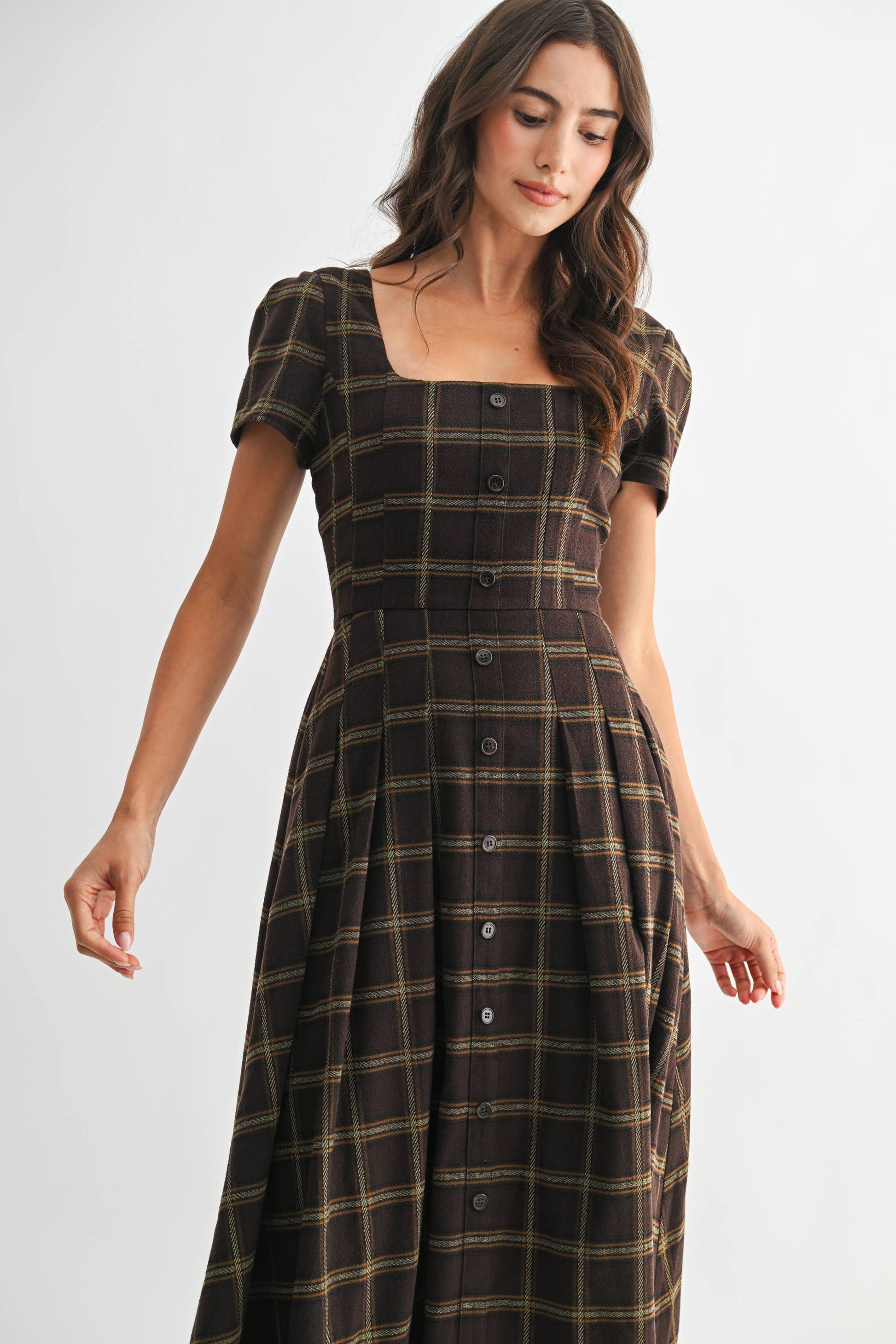 Plaid Button-Down Midi Dress: Brown