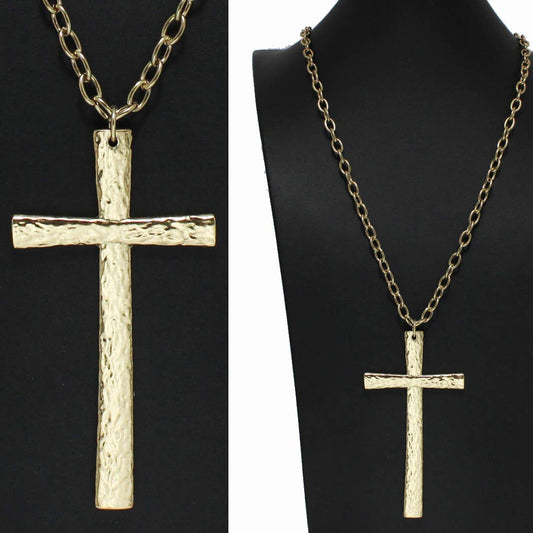 Big Hammered Cross Long Pendant Necklace: Antique Gold / ONE SIZE