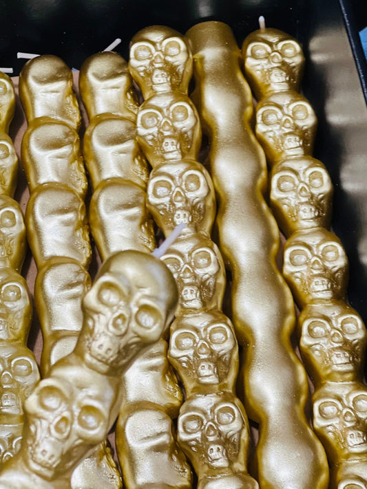 Metallic Gold Stacked Skull Taper Candle