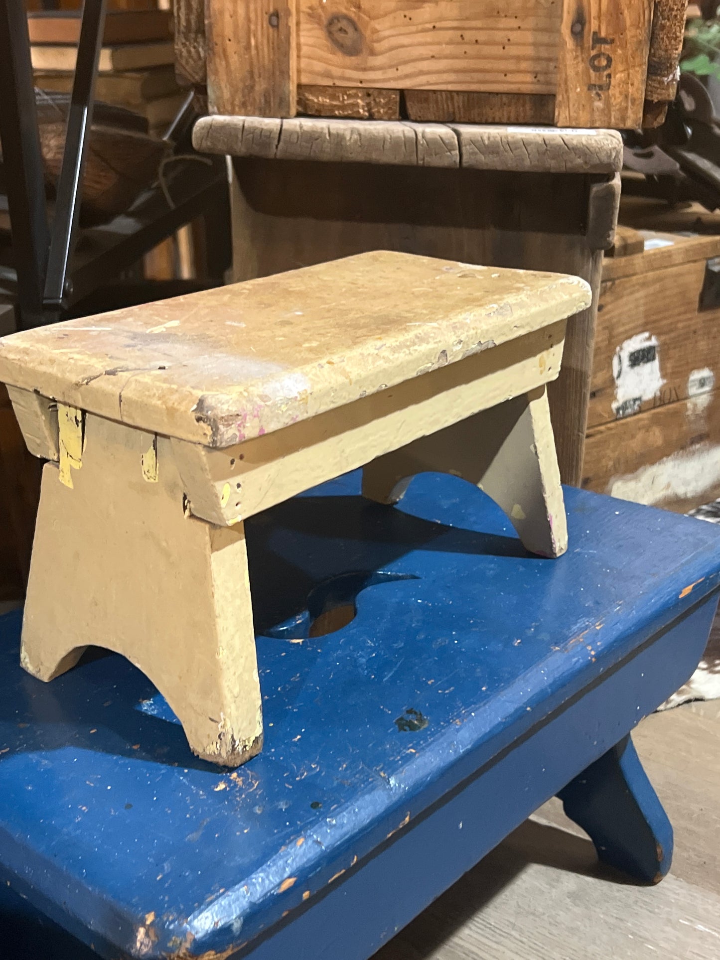 Painted White Chippy Vintage Wooden Stool