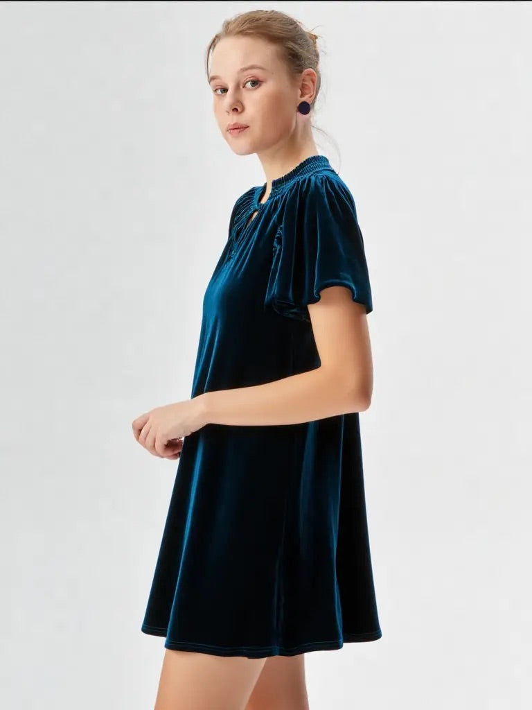 Puff Sleeve Velvet Holiday Mini Dress: Midnight