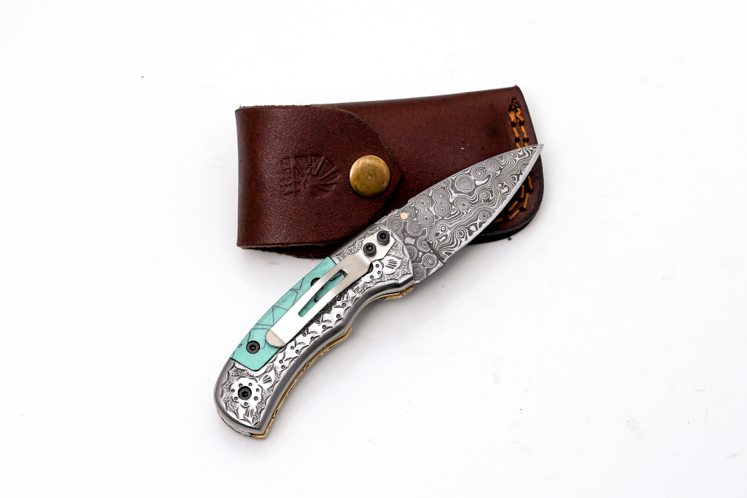 Hand-Forged Damascus Folder | Turquoise Handle, Engraved Bolster & Intricate Scrollwork