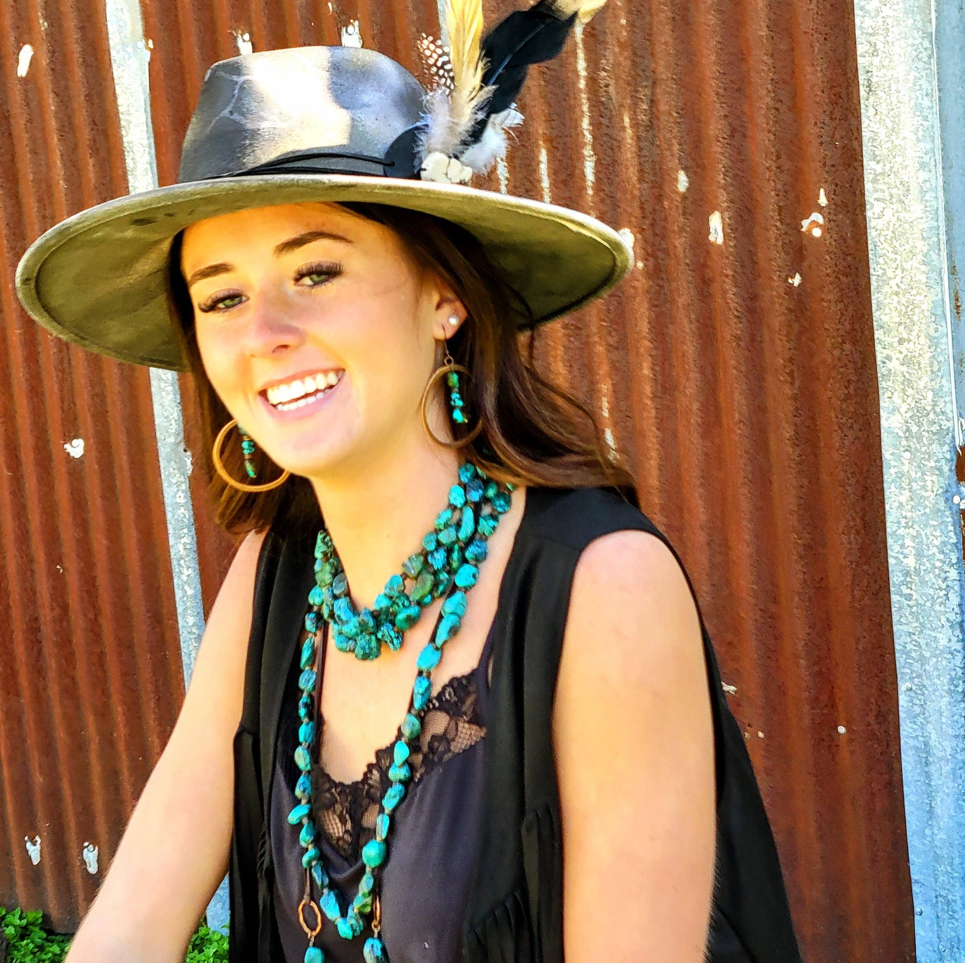 Copper Hoop Earrings with Natural Turquoise and Wood