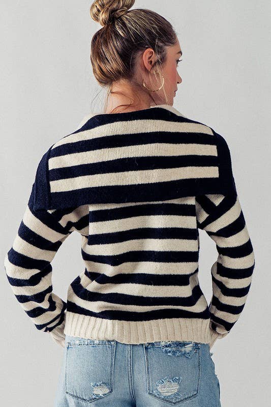 Madison Sailor Collar Stripe Knit Sweater: Navy
