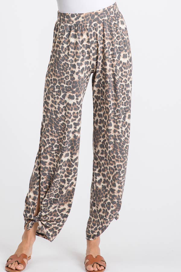 Leopard Print Lightweight Split Side Ankle Tie Pants Mocha