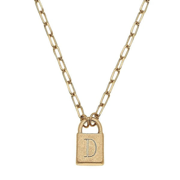 Initial Padlock Pendant Necklace in Worn Gold. D
