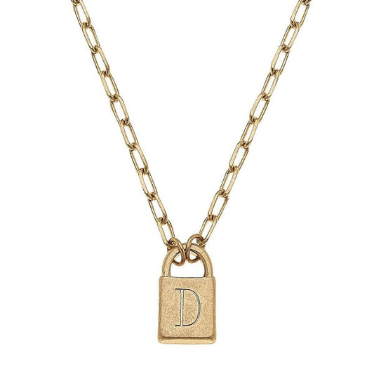 Initial Padlock Pendant Necklace in Worn Gold. D