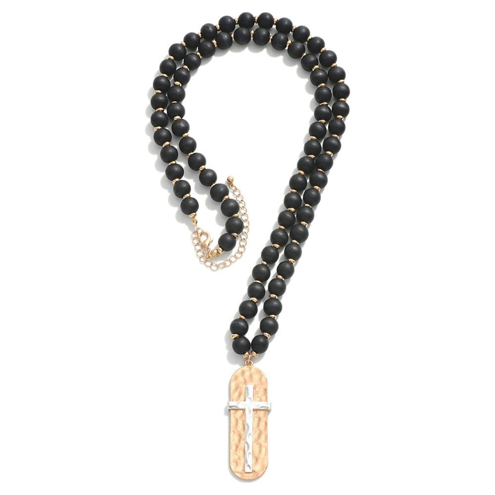 Wood Beaded Necklace With Hammered Cross Pendant Black