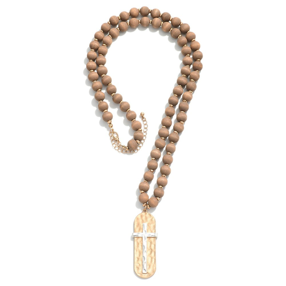 Wood Beaded Necklace With Hammered Cross Pendant Brown