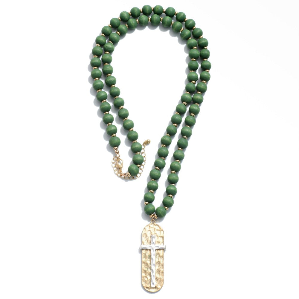 Wood Beaded Necklace With Hammered Cross Pendant Green