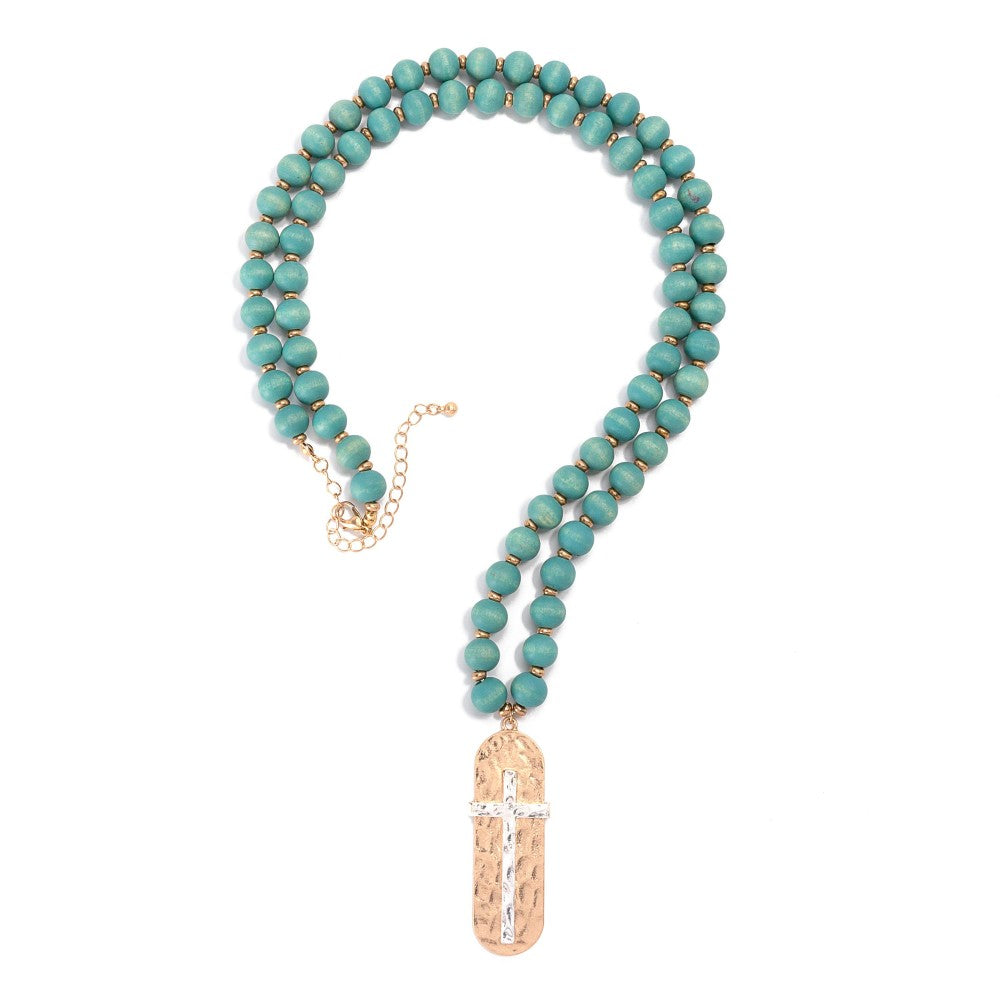 Wood Beaded Necklace With Hammered Cross Pendant Turquoise