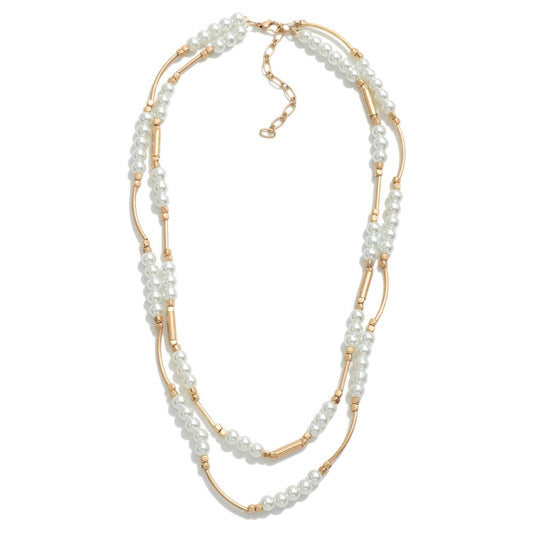 Two Strand Pearl and Gold Tone Bead Necklace