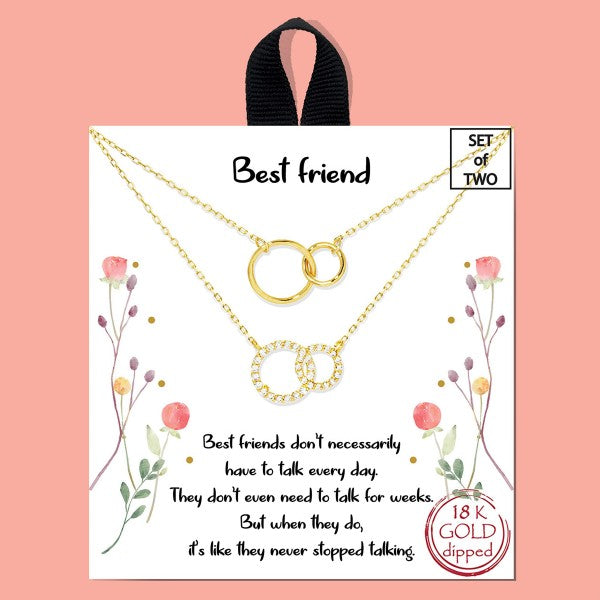 Set of Two Dainty Chain Link Necklace Set Featuring Friendship Loop Pendant With Cubic Zirconia Accents Gold