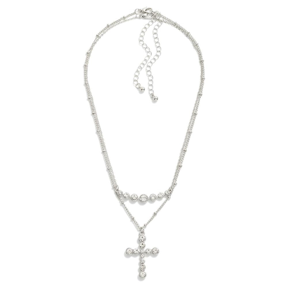 Set of Two Chain Link Necklaces Featuring Rhinestone Cross Pendant Silver