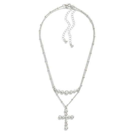 Set of Two Chain Link Necklaces Featuring Rhinestone Cross Pendant Silver