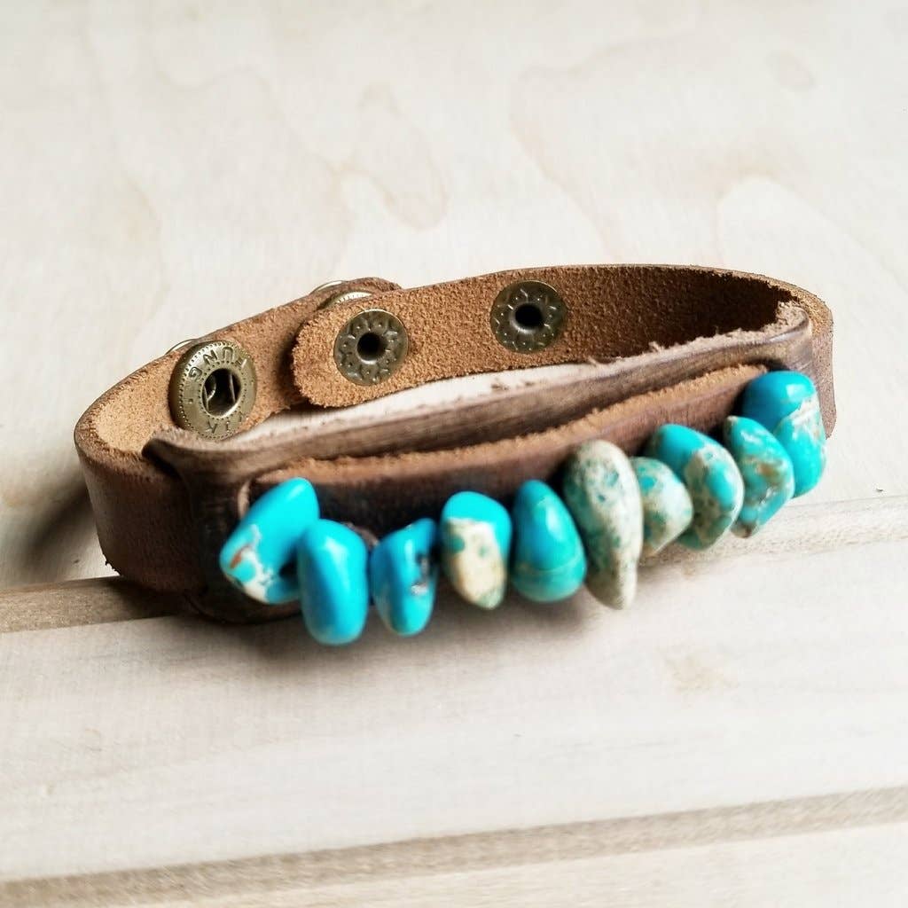Genuine Leather Narrow Cuff with Turquoise Regalite Stones