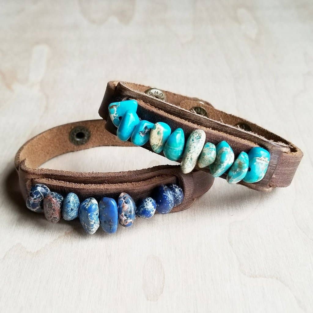 Genuine Leather Narrow Cuff with Turquoise Regalite Stones