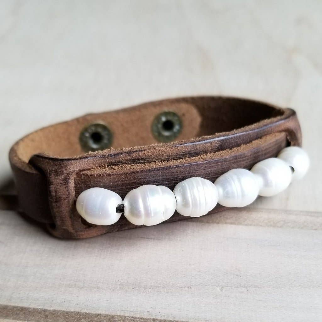 Dusty Leather Cuff with Genuine Freshwater Pearls