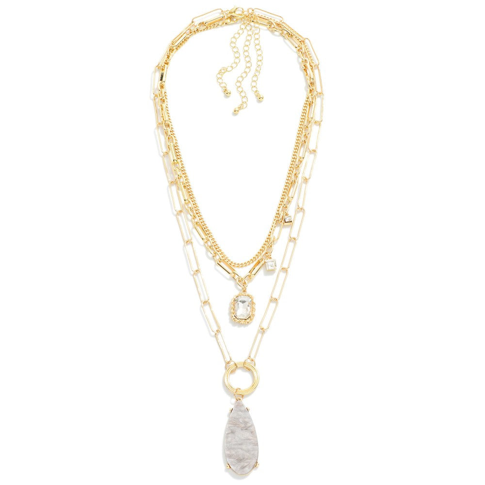 Layered Metal Chain Link Necklace With Rhinestone and Acetate Teardrop Pendants Gray