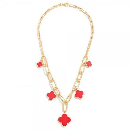 Gold Dipped Paper Clip Chain Link Necklace With Twisted Metal Link Details &amp; Clover Charms Default Title