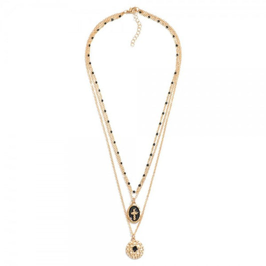 Layered Chain Link Necklace Featuring Cross & Hammered Metal Pendants