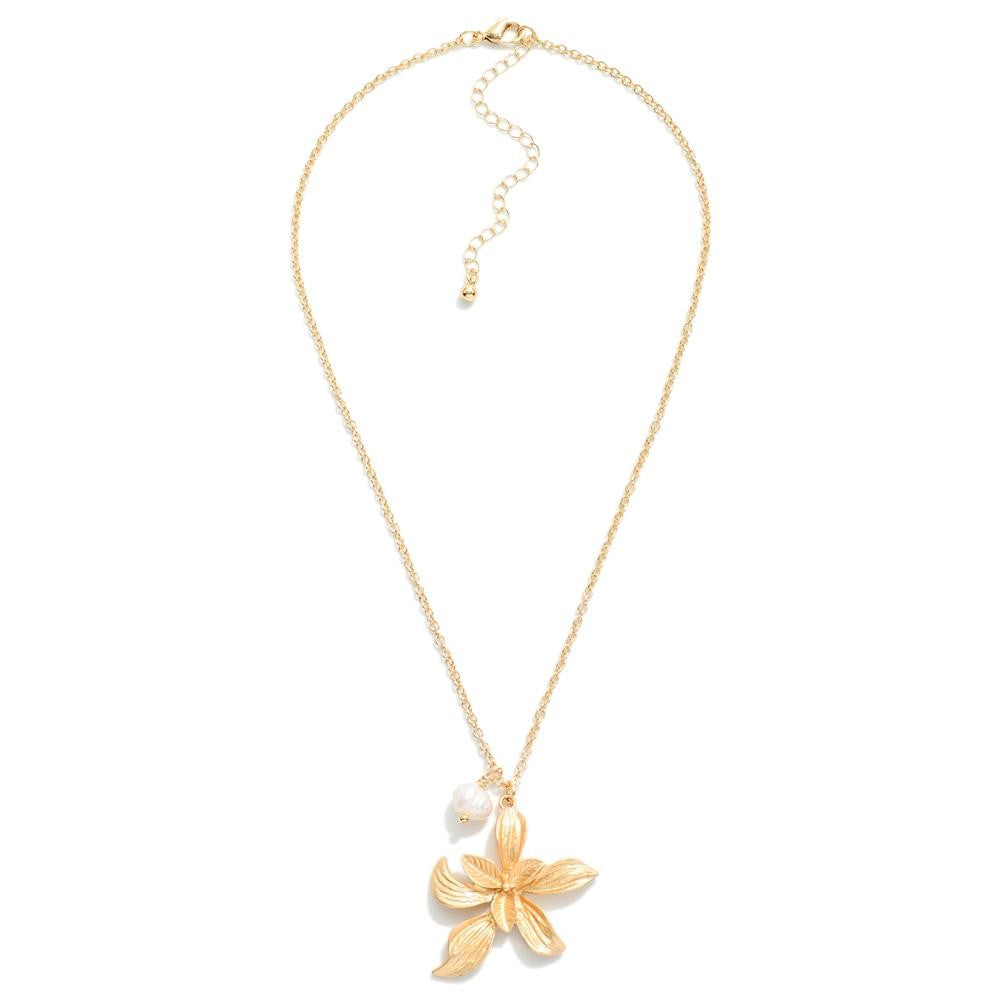 Chain Link Necklace Featuring Metal Tone Flower & Pearl Pendant Worn Gold