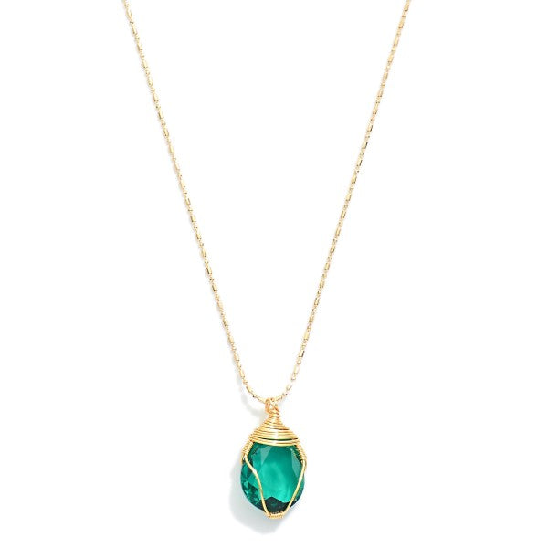 Gold Tone Ball Chain Necklace Featuring Wire Wrapped Glass Crystal Pendant Green