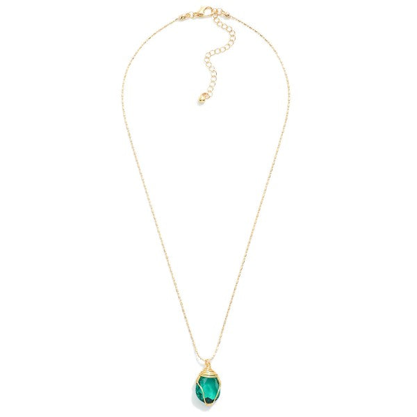 Gold Tone Ball Chain Necklace Featuring Wire Wrapped Glass Crystal Pendant