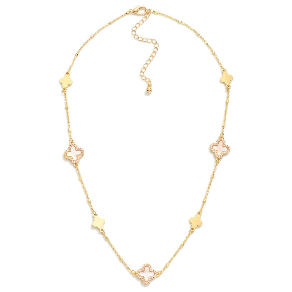 Chain Link Necklace Featuring Pearlescent Clover Stations With Cubic Zirconia Borders JUDSON