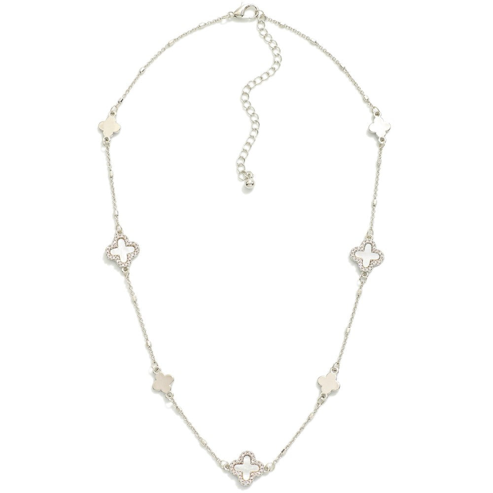 Chain Link Necklace Featuring Pearlescent Clover Stations With Cubic Zirconia Borders Silver