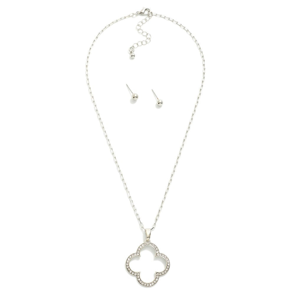 Paperclip Chain Link Necklace Featuring Hollow Rhinestone Studded Clover Pendant Judson