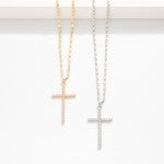 Metal Tone Flat Chain Link Necklace Featuring Cubic Zirconia Cross Pendant