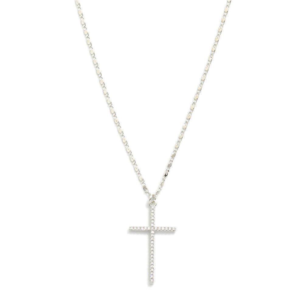 Metal Tone Flat Chain Link Necklace Featuring Cubic Zirconia Cross Pendant Silver