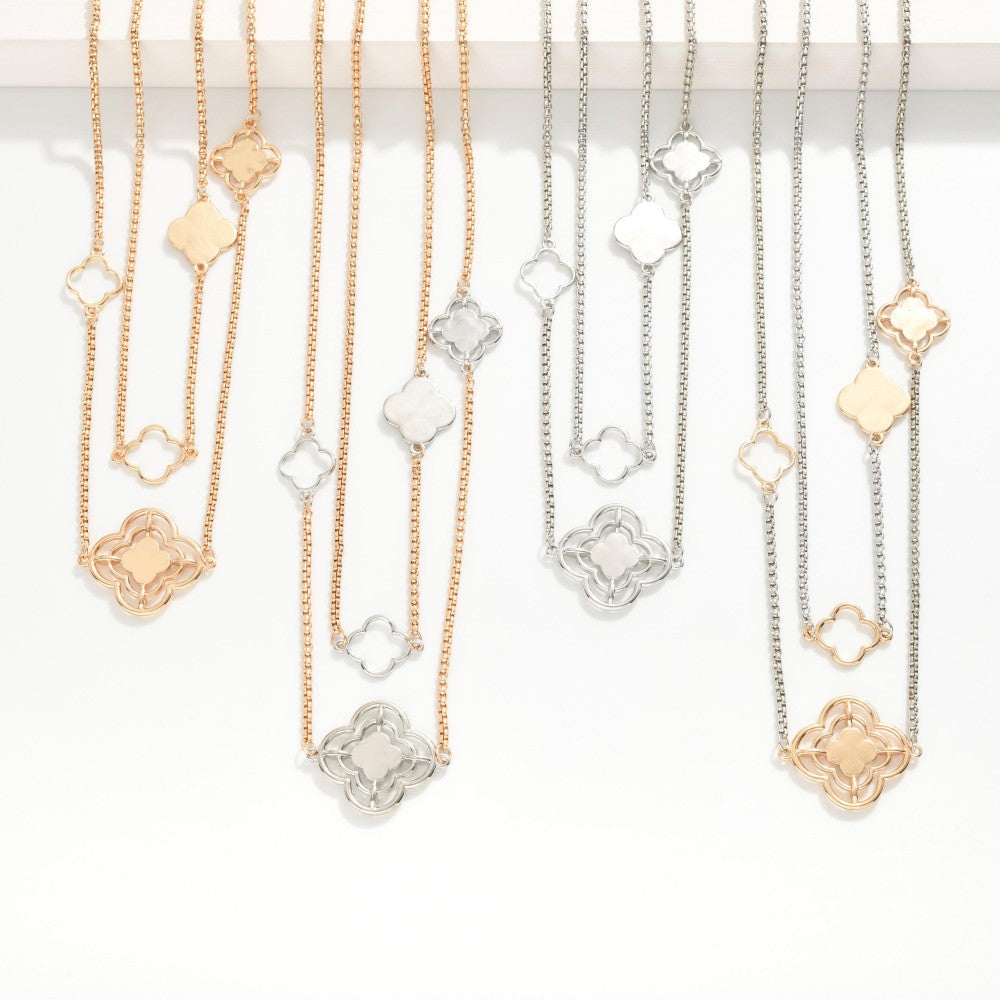 Set Of Two Metal Tone Box Chain Necklaces Featuring Metal Clover Stations