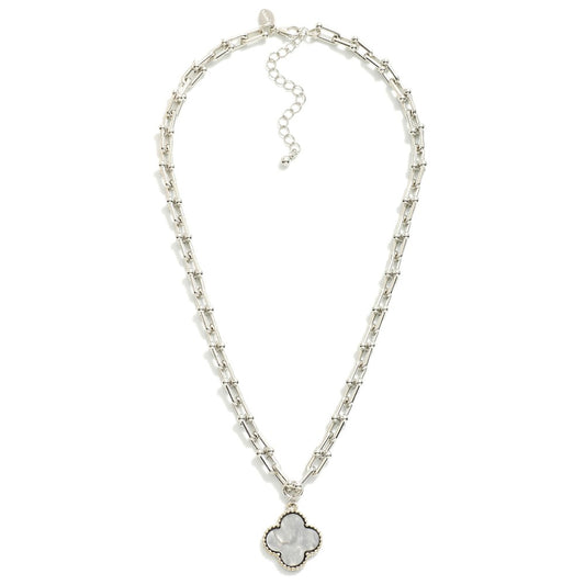 Metal Tone U Link Necklace Featuring Clover Pendant Silver Gray
