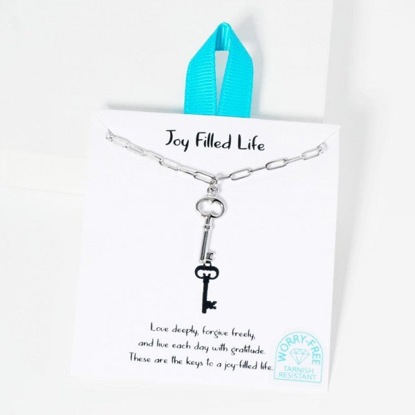 Paperclip Chain Link Necklace Featuring Metal Tone Key Pendant Silver