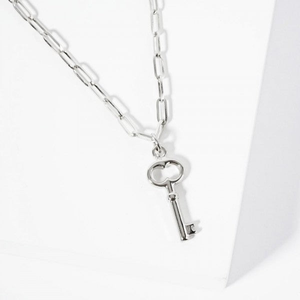 Paperclip Chain Link Necklace Featuring Metal Tone Key Pendant