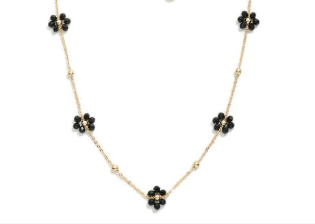 Dainty Chain Link Necklace Featuring Gold Tone Circle And Faceted Bead Flower Station Black