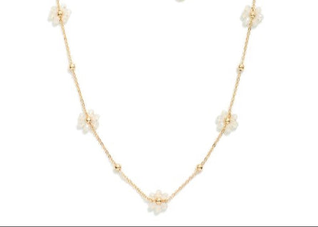 Dainty Chain Link Necklace Featuring Gold Tone Circle And Faceted Bead Flower Station White