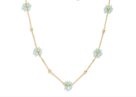 Dainty Chain Link Necklace Featuring Gold Tone Circle And Faceted Bead Flower Station Blue